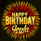 Golden 'Happy Birthday Leyla' text accompanied by animated rainbow fireworks for a festive animated greeting.