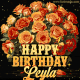 Animated bouquet of orange roses with moving butterfles and golden 'Happy Birthday Leyla' text, surrounded by sparkling accents and a dark backdrop for a luxurious feel.