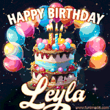 Bright birthday animation for Leyla with a chocolate cake, candles, balloons, and glowing celebratory lights.