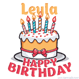 Cartoon birthday cake with a red bow, glowing candles, and 'Leyla Happy Birthday' text in bold animated style.