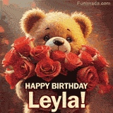 Cinematic style cute animated teddy bear with charming features holding a large bouquet of red roses, the words say 'Happy Birthday Leyla' in sans serif font.