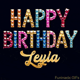 Vibrant luxury birthday greeting card for Leyla, showing glittering gemstone letters and golden calligraphy on a dark background with twinkling shine effects.