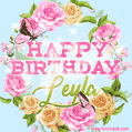 Beautiful Birthday Flowers Card for Leyla with Animated Butterflies