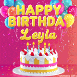 Pink-themed animated greeting with balloons, confetti, and a frosted cake under the message 'Happy Birthday Leyla' in bold rounded yellow font.