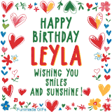 A colorful animated card for Leyla’s birthday featuring playful hearts, cheerful flowers, and a handwritten message wishing smiles and sunshine.