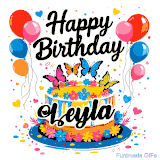 An animated birthday card for Leyla. It features a festive cake with her name, 'Leyla', and colorful butterflies. Floating balloons and hearts complete the joyful scene.