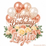 Elegant animated Happy Birthday Leyla image featuring soft pink roses and balloons