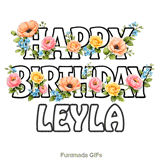 Animated floral Happy Birthday Leyla digital greeting card on a white background