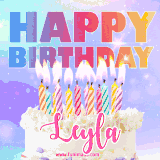 A vibrant animated name GIF with the words 'Happy Birthday Leyla' with colorful candles on a creamy cake. The background sparkles with pastel shades, adding a festive touch.