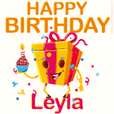 A vibrant and funny gift box character with a happy face dancing with a cupcake and the text 'Happy Birthday Leyla,' surrounded by animated confetti and party vibes.