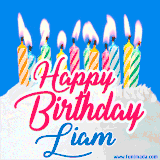 A cheerful animated GIF featuring colorful lit birthday candles on a white cake, with the text 'Happy Birthday Liam' in bold red and blue script on a bright blue background.