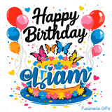 A personalized birthday graphic with balloons, flying butterflies, and a decorated cake on a blue plate for Liam.