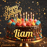 A chocolate drip birthday cake on a stand with colorful frosting and lit candles, featuring the name Liam in glowing yellow letters.