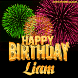 A captivating GIF with bursts of green, pink, and orange fireworks lighting up the night sky, accompanied by 'Happy Birthday Liam' in glowing golden text.