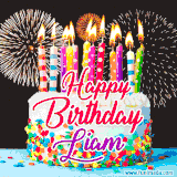 A lively happy birthday animated GIF showcasing a colorful birthday cake covered in sprinkles, topped with glowing candles, and surrounded by vibrant fireworks. The name 'Liam' is featured in elegant script.