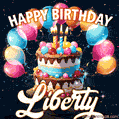 Hand-drawn happy birthday cake adorned with an arch of colorful balloons - name GIF for Liberty