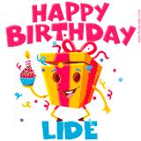 A vibrant and funny gift box character with a happy face dancing with a cupcake and the text 'Happy Birthday Lide,' surrounded by animated confetti and party vibes.