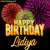 A golden 'Happy Birthday Lidiya' message with vibrant fireworks in the background, creating a festive and celebratory vibe in this animated name GIF.