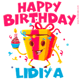A vibrant and funny gift box character with a happy face dancing with a cupcake and the text 'Happy Birthday Lidiya,' surrounded by animated confetti and party vibes.