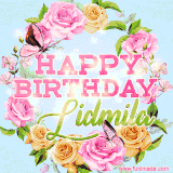 A charming animated GIF featuring 'Happy Birthday Lidmila' in pink and green text, surrounded by delicate roses, leaves, and fluttering butterflies on a soft light blue pastel background.