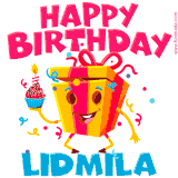 A vibrant and funny gift box character with a happy face dancing with a cupcake and the text 'Happy Birthday Lidmila,' surrounded by animated confetti and party vibes.