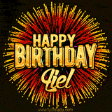 Golden 'Happy Birthday Liel' text accompanied by animated rainbow fireworks for a festive animated greeting.