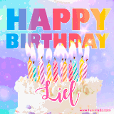 A vibrant animated name GIF with the words 'Happy Birthday Liel' with colorful candles on a creamy cake. The background sparkles with pastel shades, adding a festive touch.