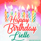 Bright birthday candles with rainbow flames on a cake, alongside the text 'Happy Birthday Lielle' in vibrant script in this celebratory animated GIF.