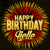 Golden 'Happy Birthday Lielle' text accompanied by animated rainbow fireworks for a festive animated greeting.