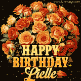 Animated bouquet of orange roses with moving butterfles and golden 'Happy Birthday Lielle' text, surrounded by sparkling accents and a dark backdrop for a luxurious feel.