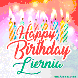 Bright birthday candles with rainbow flames on a cake, alongside the text 'Happy Birthday Liernia' in vibrant script in this celebratory animated GIF.