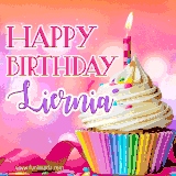 A vibrant birthday GIF featuring a rainbow-colored cupcake topped with white frosting, sprinkles, and a lit candle. The text reads 'Happy Birthday Liernia' in bold pink and violet letters with white outline.