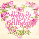 A stunning heart made of pink roses surrounds the elegant script text 'Happy Birthday Liernia' on a soft beige background. Animated sparkles add a magical and festive feel.