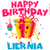 A vibrant and funny gift box character with a happy face dancing with a cupcake and the text 'Happy Birthday Liernia,' surrounded by animated confetti and party vibes.