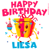 A vibrant and funny gift box character with a happy face dancing with a cupcake and the text 'Happy Birthday Liesa,' surrounded by animated confetti and party vibes.