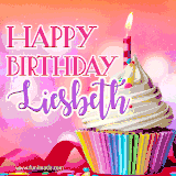 A vibrant birthday GIF featuring a rainbow-colored cupcake topped with white frosting, sprinkles, and a lit candle. The text reads 'Happy Birthday Liesbeth' in bold pink and violet letters with white outline.