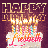 A colorful birthday cake topped with lit candles, with the words 'Happy Birthday Liesbeth' in bold glowing letters on a burgundy background. Animated flames add a festive touch.