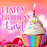 A vibrant birthday GIF featuring a rainbow-colored cupcake topped with white frosting, sprinkles, and a lit candle. The text reads 'Happy Birthday Liesel' in bold pink and violet letters with white outline.