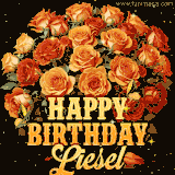 Animated bouquet of orange roses with moving butterfles and golden 'Happy Birthday Liesel' text, surrounded by sparkling accents and a dark backdrop for a luxurious feel.