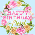 A charming animated GIF featuring 'Happy Birthday Liesel' in pink and green text, surrounded by delicate roses, leaves, and fluttering butterflies on a soft light blue pastel background.
