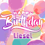 A vibrant name GIF featuring colorful balloons in shades of pink, orange, and yellow with the bold text 'Happy Birthday Liesel' in festive fonts, creating a lively birthday vibe.