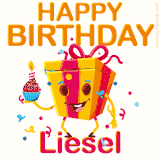 A vibrant and funny gift box character with a happy face dancing with a cupcake and the text 'Happy Birthday Liesel,' surrounded by animated confetti and party vibes.