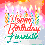 Bright birthday candles with rainbow flames on a cake, alongside the text 'Happy Birthday Lieselotte' in vibrant script in this celebratory animated GIF.