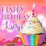 A vibrant birthday GIF featuring a rainbow-colored cupcake topped with white frosting, sprinkles, and a lit candle. The text reads 'Happy Birthday Liesje' in bold pink and violet letters with white outline.