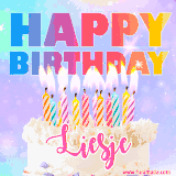 A vibrant animated name GIF with the words 'Happy Birthday Liesje' with colorful candles on a creamy cake. The background sparkles with pastel shades, adding a festive touch.