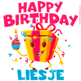 A vibrant and funny gift box character with a happy face dancing with a cupcake and the text 'Happy Birthday Liesje,' surrounded by animated confetti and party vibes.