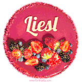 Beautifully decorated red velvet berry birthday cake with vibrant fruits and a glowing 'Liesl' name, adding a touch of sweetness and sparkle.