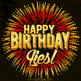 Golden 'Happy Birthday Liesl' text accompanied by animated rainbow fireworks for a festive animated greeting.