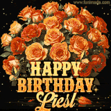 Animated bouquet of orange roses with moving butterfles and golden 'Happy Birthday Liesl' text, surrounded by sparkling accents and a dark backdrop for a luxurious feel.
