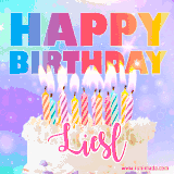 A vibrant animated name GIF with the words 'Happy Birthday Liesl' with colorful candles on a creamy cake. The background sparkles with pastel shades, adding a festive touch.
